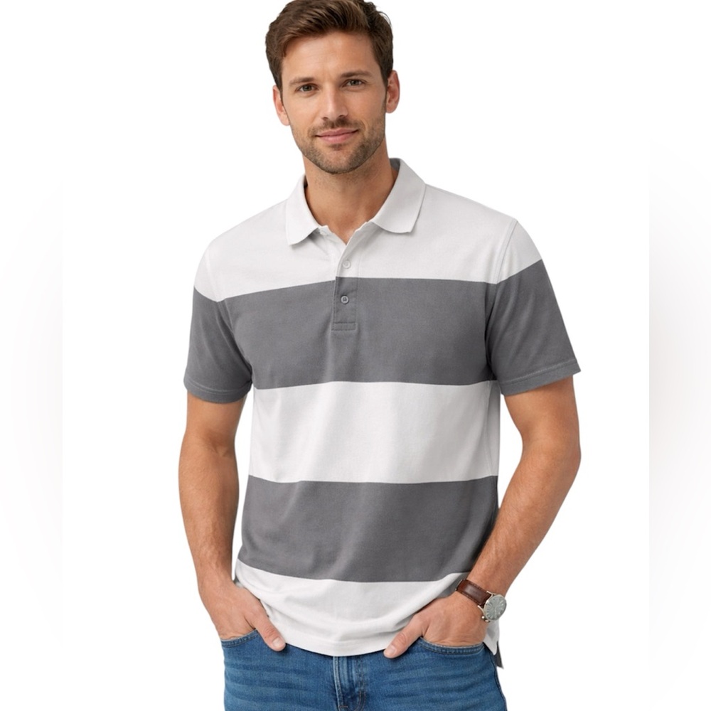 Sonoma Men’s Gray & White Striped Polo 100 % Cotton Shirt Size: Medium
